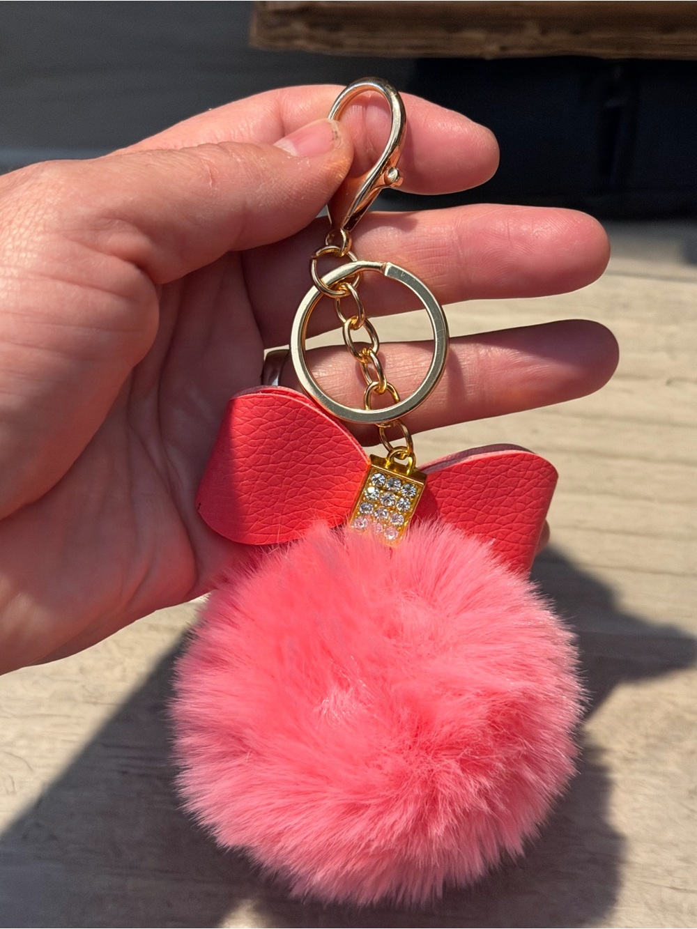 Pink Pom Pom Bow Keychain with Gold Hardware